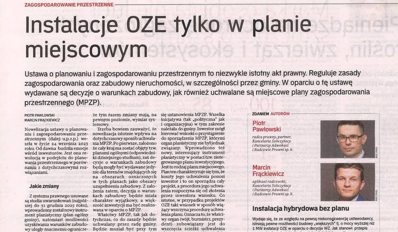 Instalacje OZE tylko w planie miejscowym – artykuł Piotra Pawłowskiego i Marcina Frąckiewicza